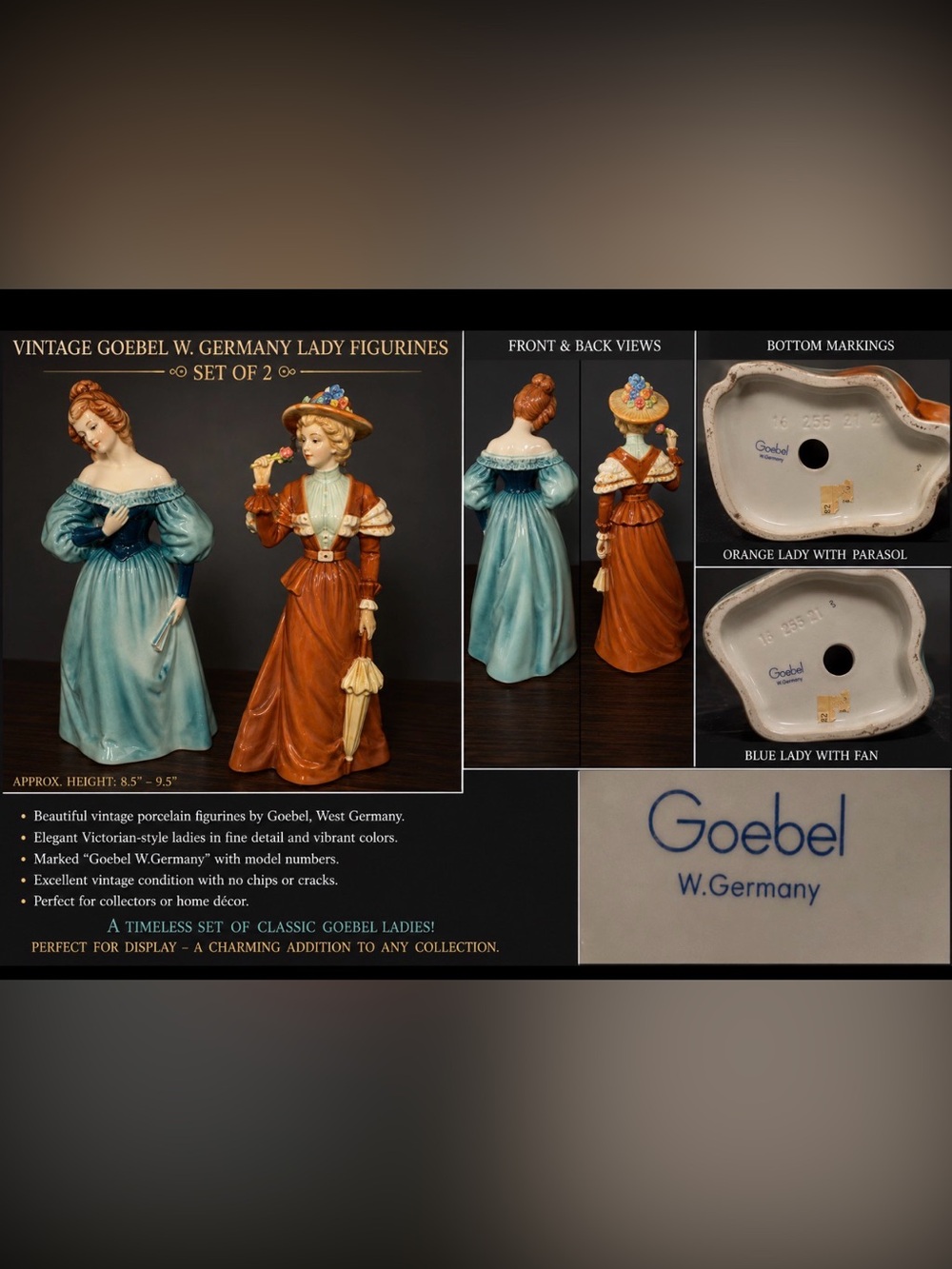 Goebel Porcelain Lady Figurine Pair – Teal & Rust Dresses